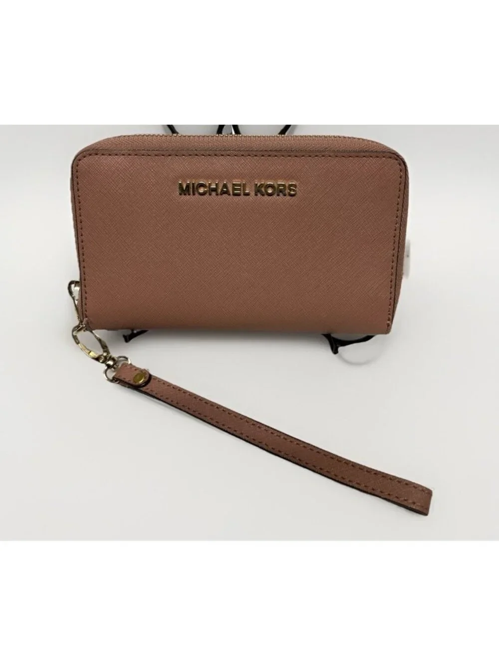 Michael Kors Pink Saffiano Leather Jet Set Wallet with Strap Wristlet